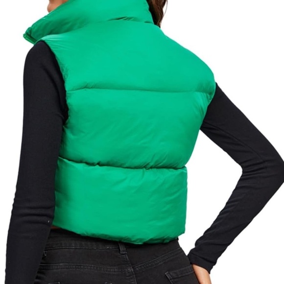 Women's Padded Vest High Stand Collar Lightweight Zip Crop Puffer Gilet Green S - Picture 4 of 6